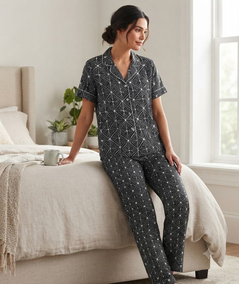 Natori Geometric Print 2-Piece Satin Pajama Set Black/White Luxury Lounge M